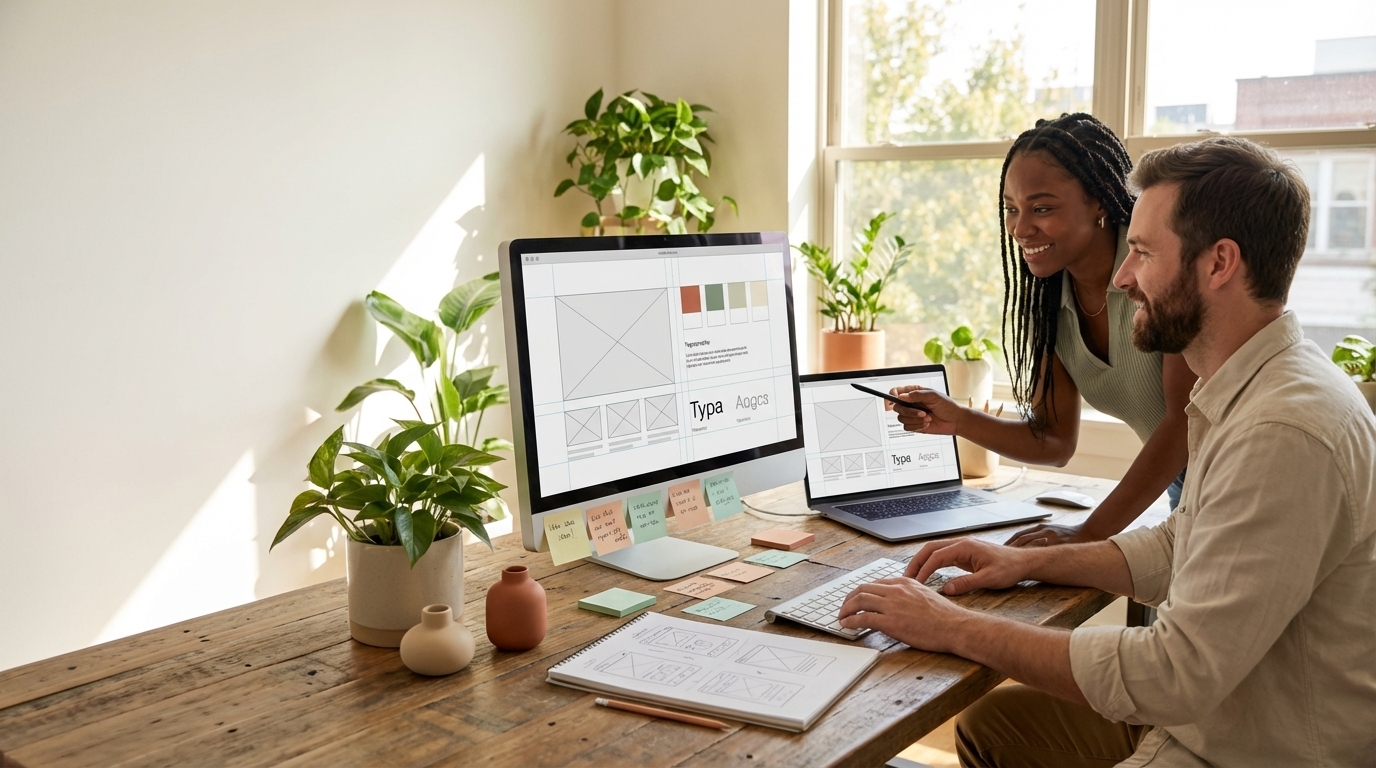 Designers collaborating on web design wireframes and typography