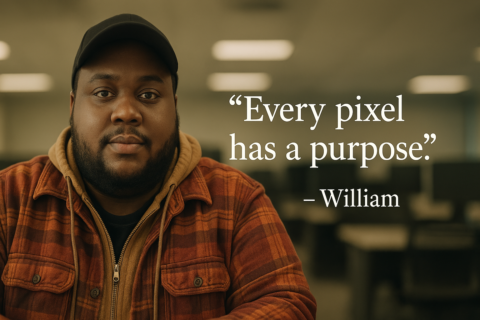 Web developer with the quote 'Every pixel has a purpose.' - William
